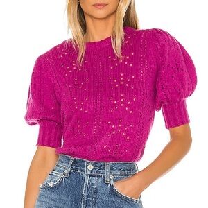For Love and Lemons knitwear magenta pointelle puff sleeve sweater